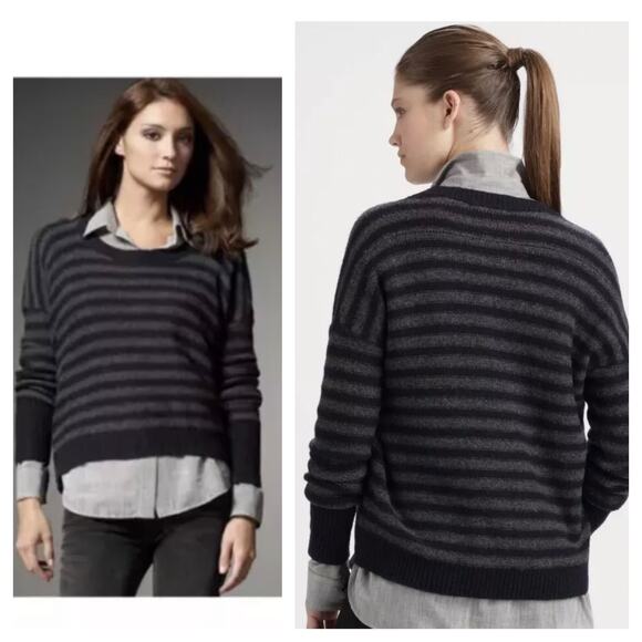 Vince Merino Camel Sweater Large Navy Grey Stripe Pullover Size Medium Preppy - Picture 1 of 12